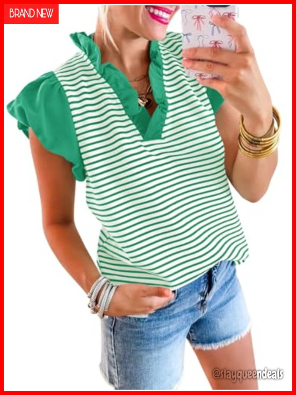 Womens Ruffle Sleeve V-Neck Striped Tank Top Summer Blouse